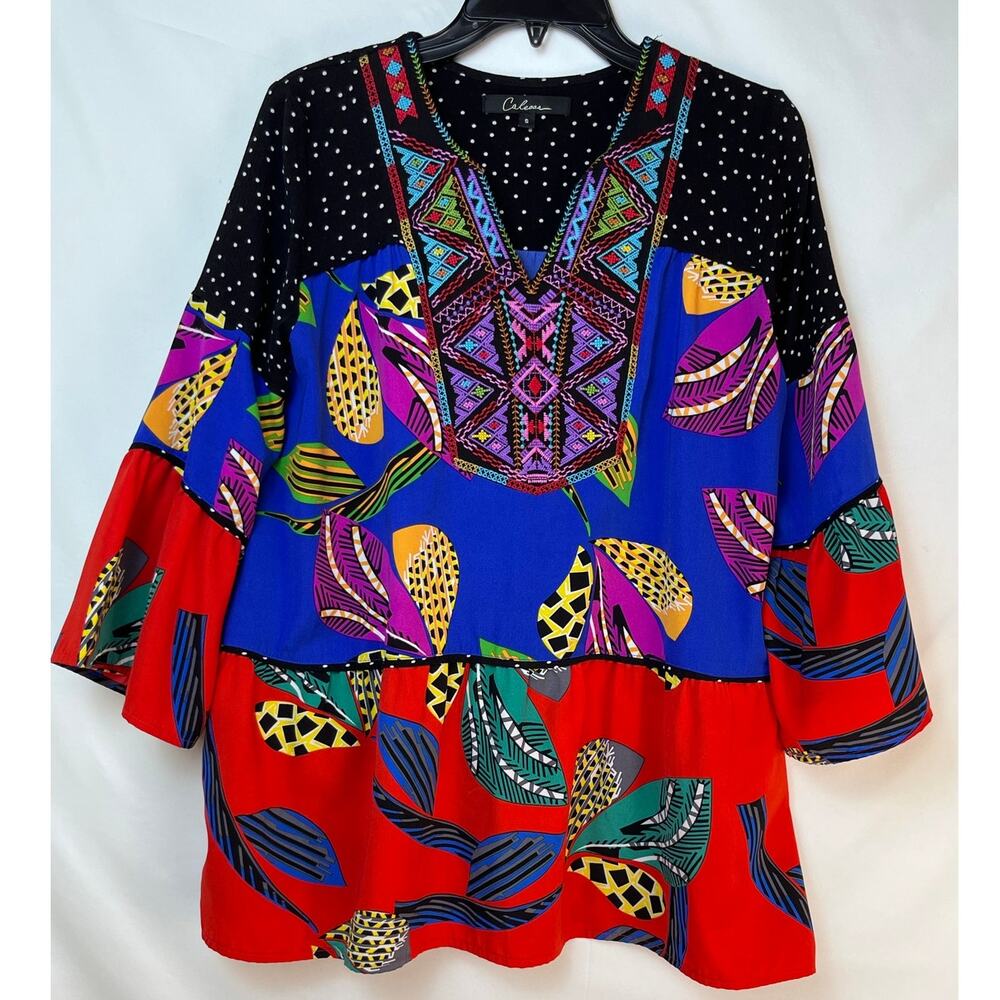 Calessa Women's Embroidered Hippie Chic Boho Island Print Tunic Size Small